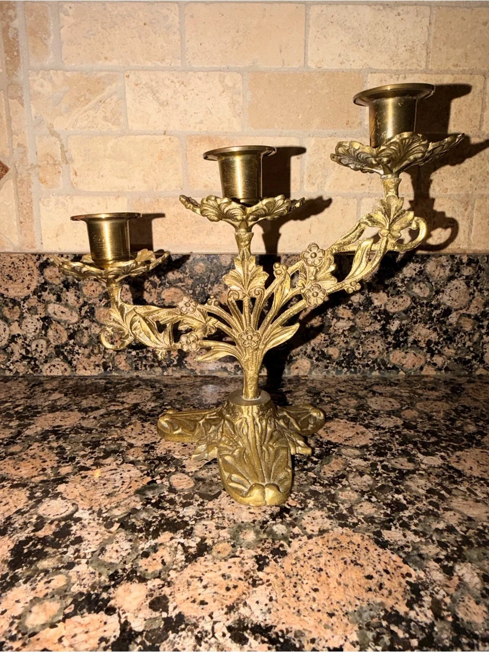 Vintage Ornate Brass Floral 3-Arm Candle Holder